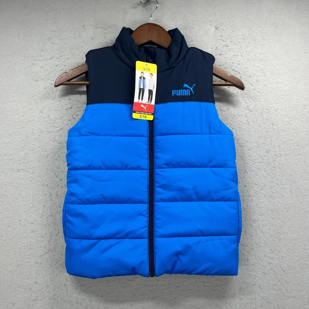 Puma Puffer Vest Kids S 7/8 Blue Navy Quilted Full Zip Sporty Outdoor Gorpcore